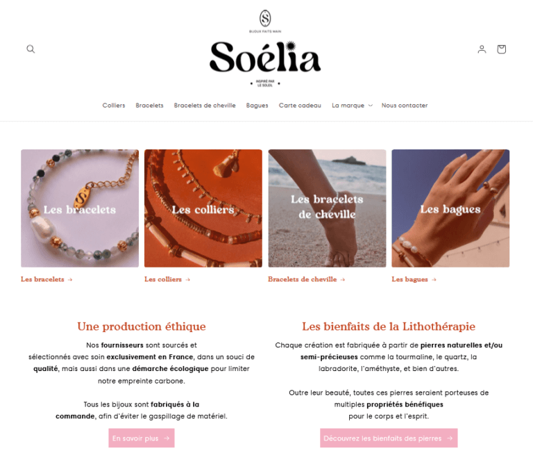 Les Collections de bijoux en page d'accueil